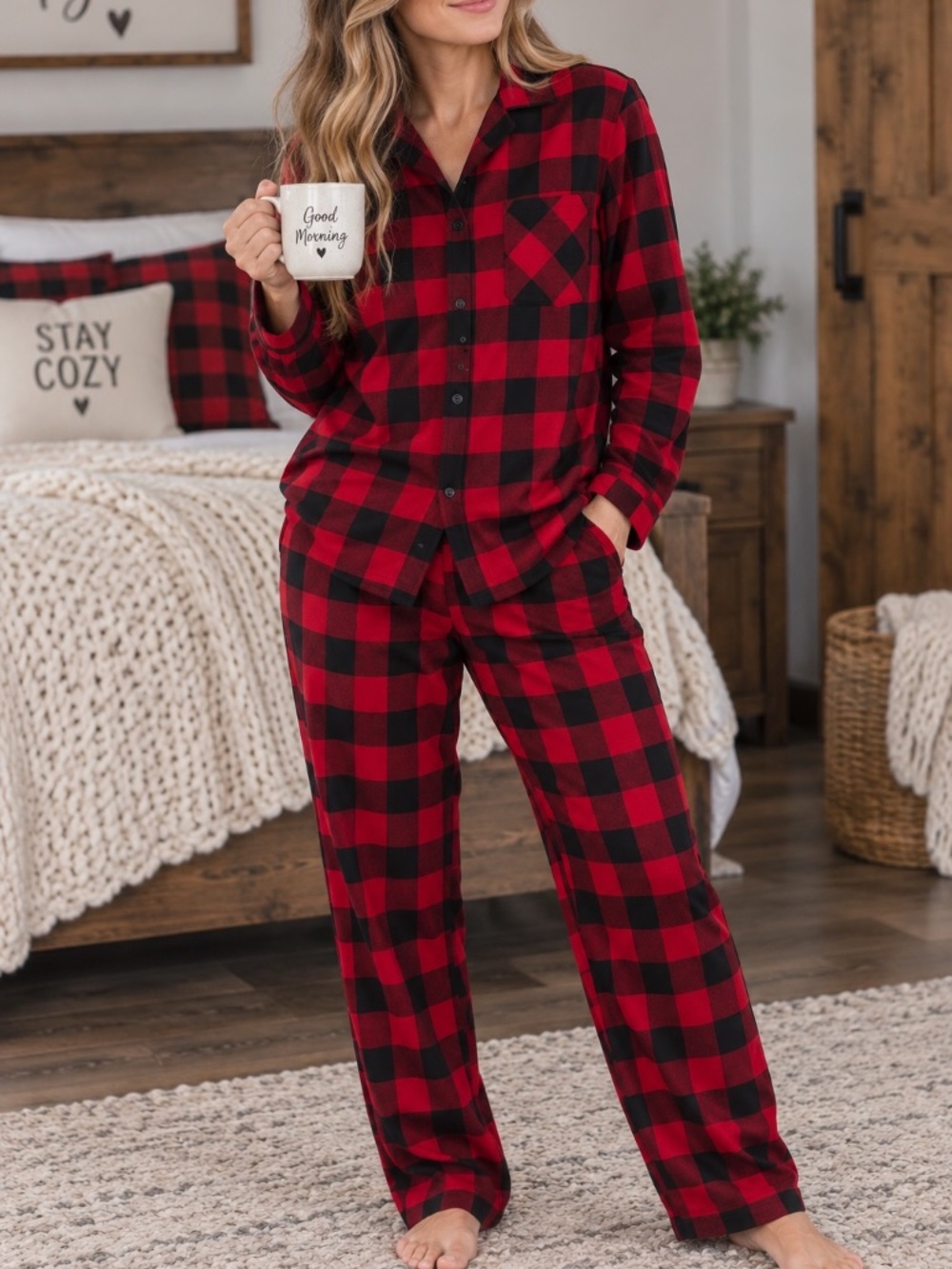 Old Navy Two Piece Pajamas Womens Size Large Red Black Buffalo Plaid Flannel Chr